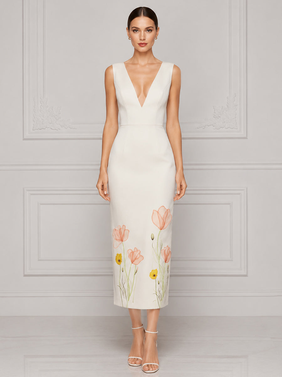 Sleeveless Deep V-Neck Floral Embroidered Sheath Midi Dress