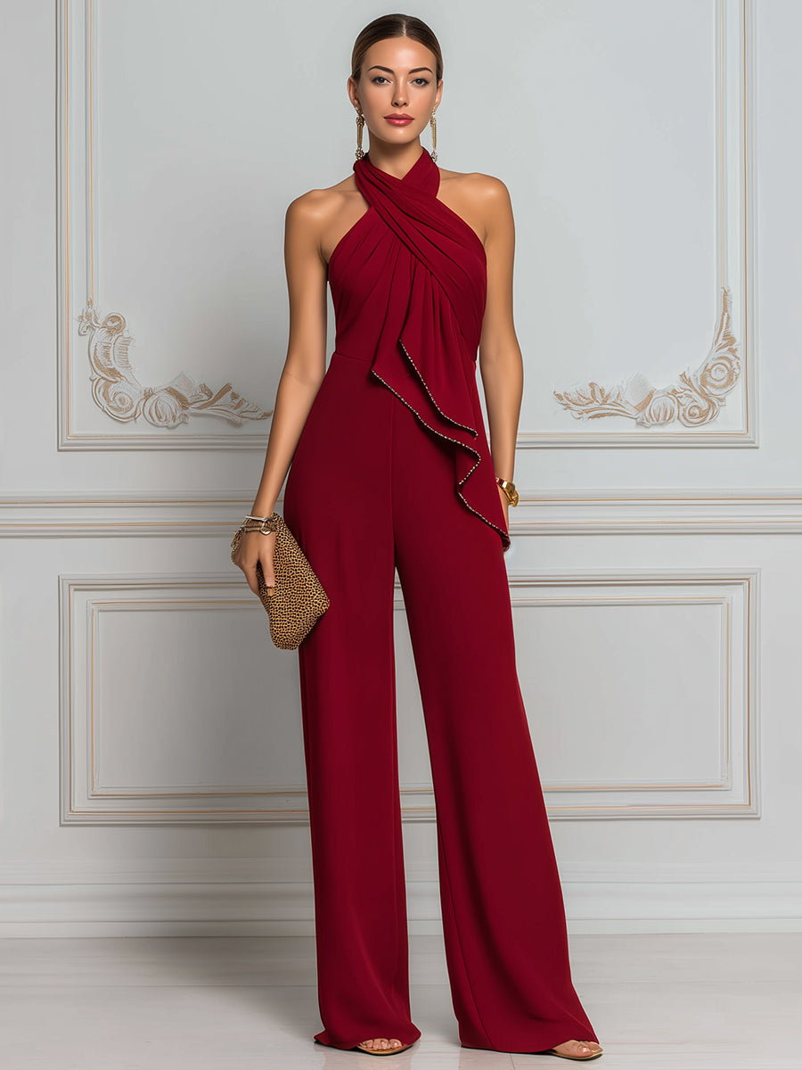 Halter Neck Draped Ruffle Detail Wide-Leg Jumpsuit