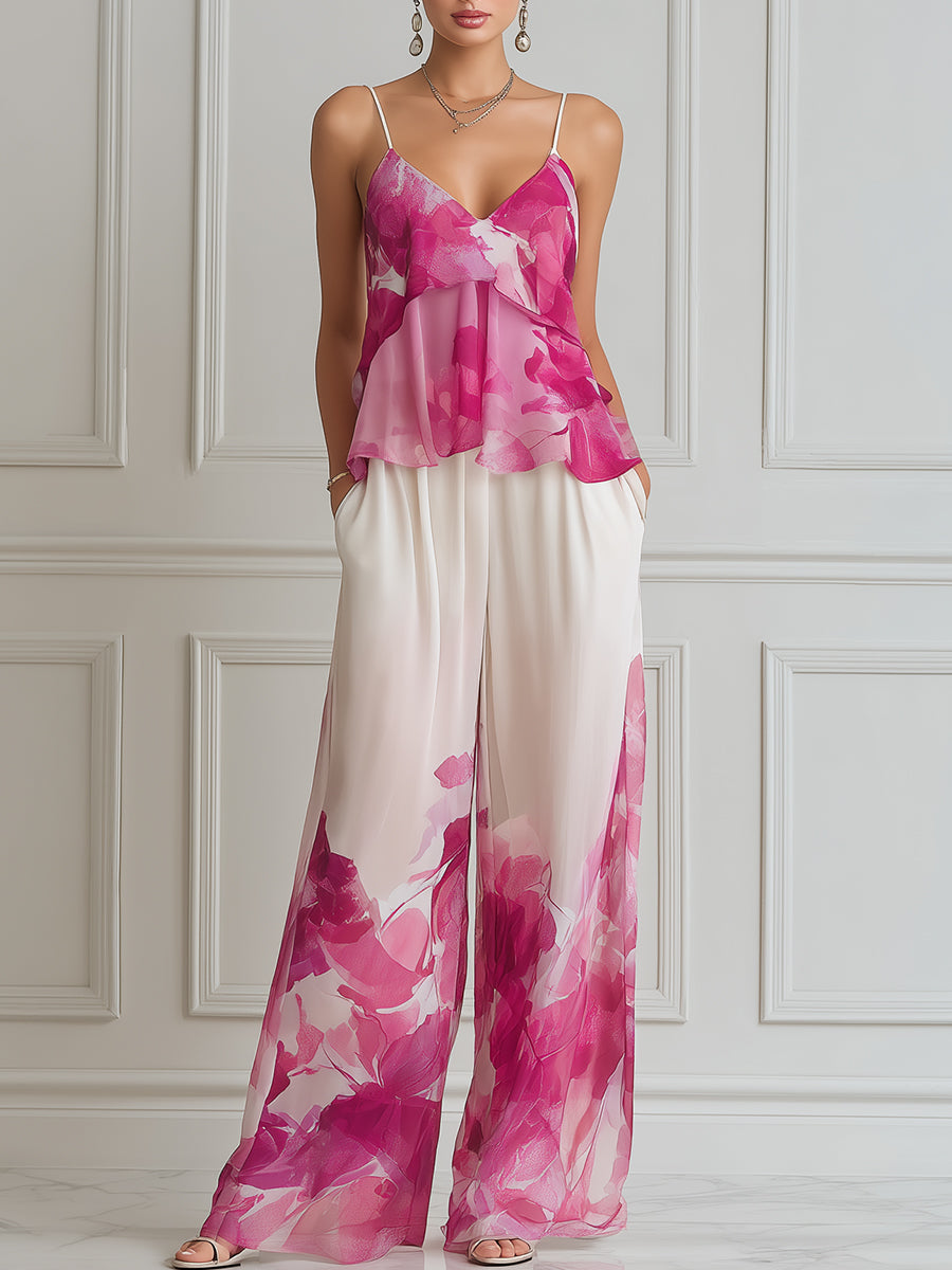 Spaghetti Strap Layered Ruffle Floral Print Wide-Leg Set