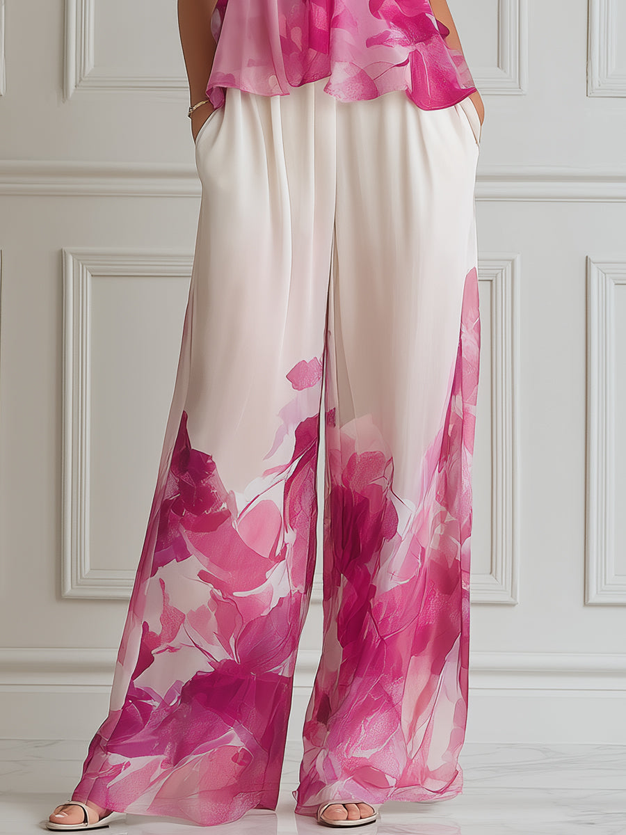 Spaghetti Strap Layered Ruffle Floral Print Wide-Leg Set