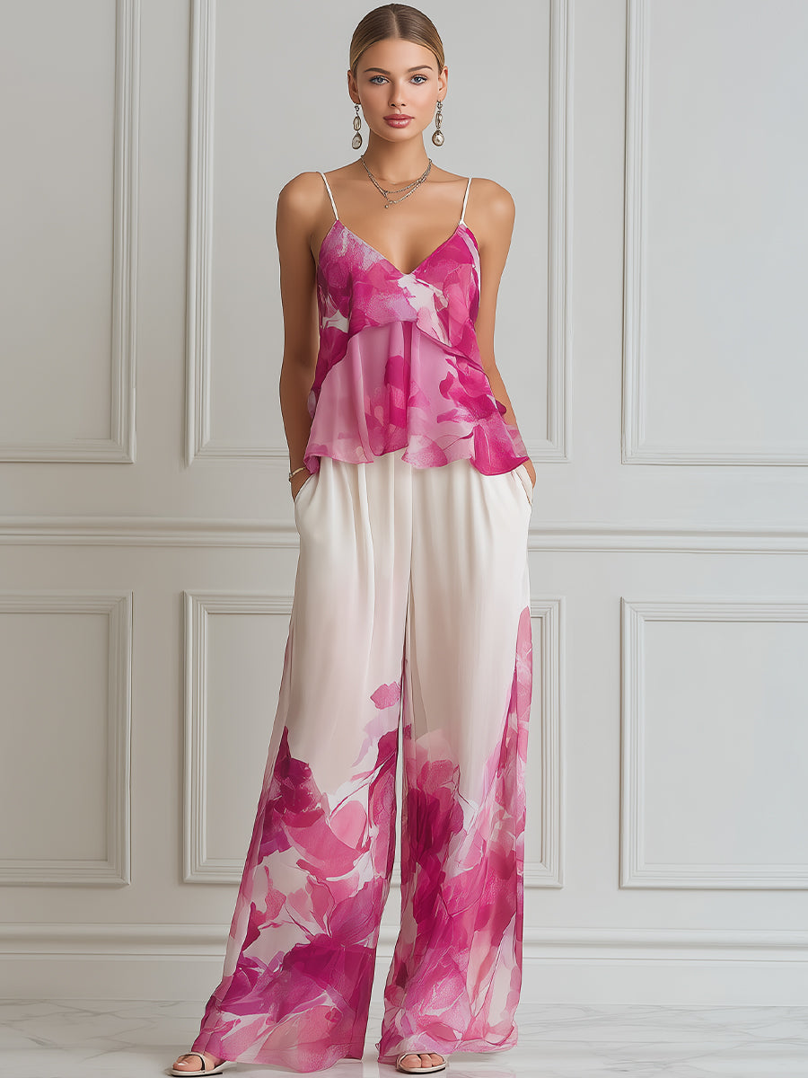 Spaghetti Strap Layered Ruffle Floral Print Wide-Leg Set