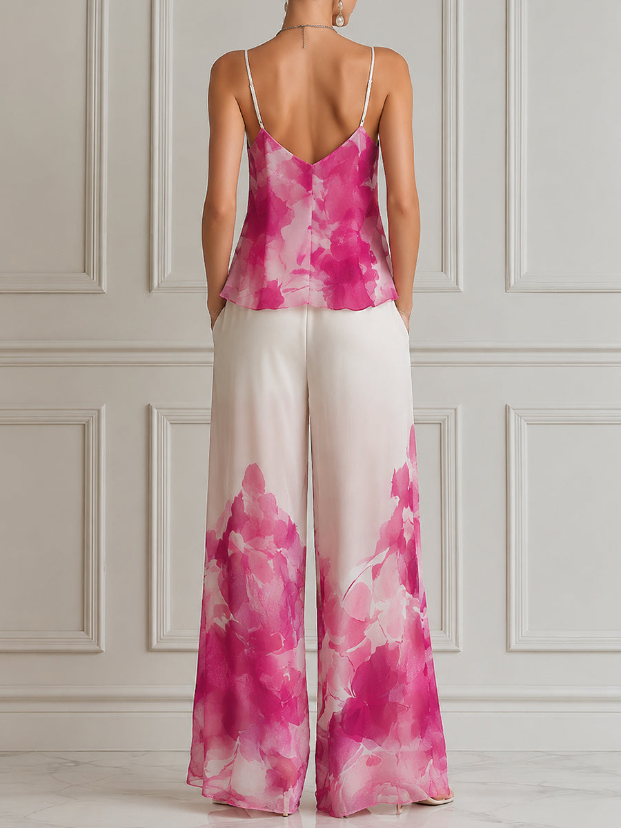 Spaghetti Strap Layered Ruffle Floral Print Wide-Leg Set