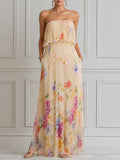 Strapless Pleated Floral Print Layered Maxi Dress