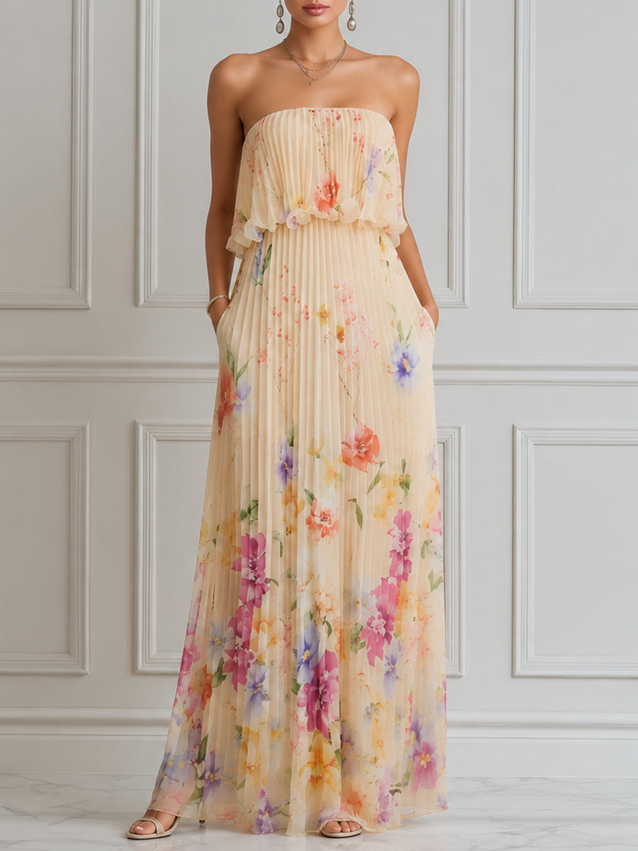 Strapless Pleated Floral Print Layered Maxi Dress