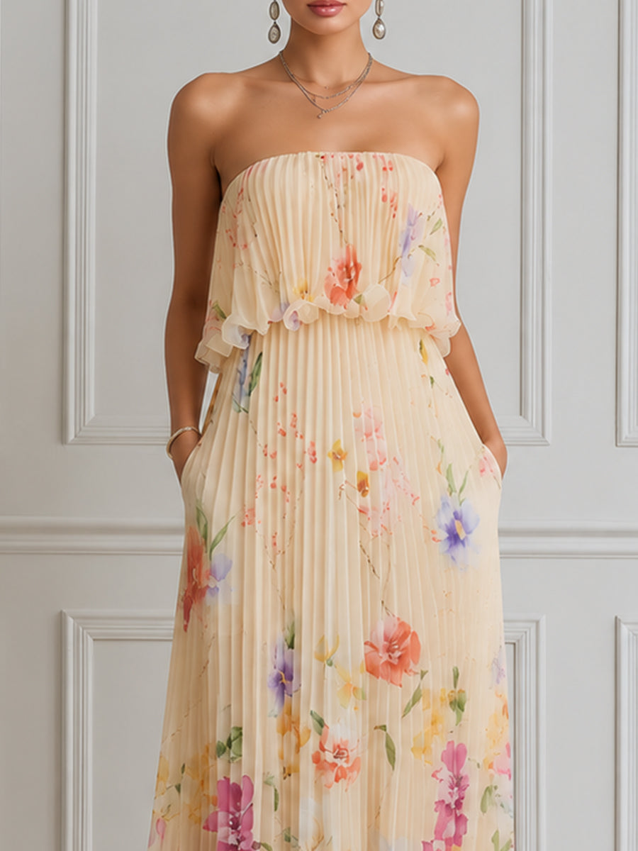 Strapless Pleated Floral Print Layered Maxi Dress