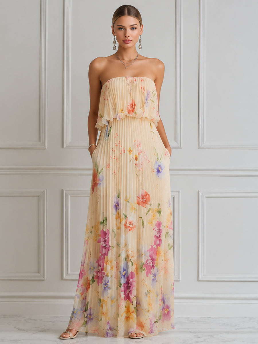 Strapless Pleated Floral Print Layered Maxi Dress