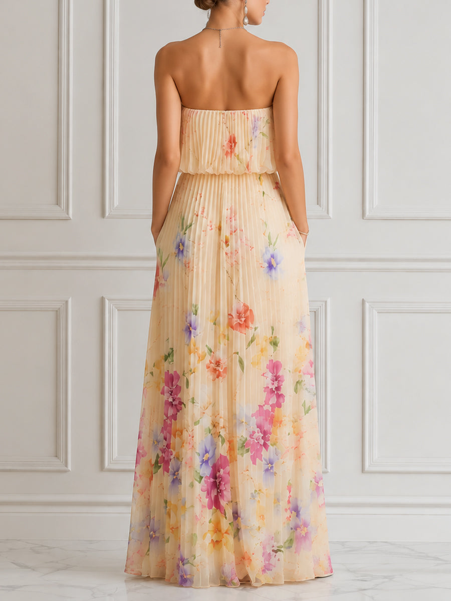 Strapless Pleated Floral Print Layered Maxi Dress