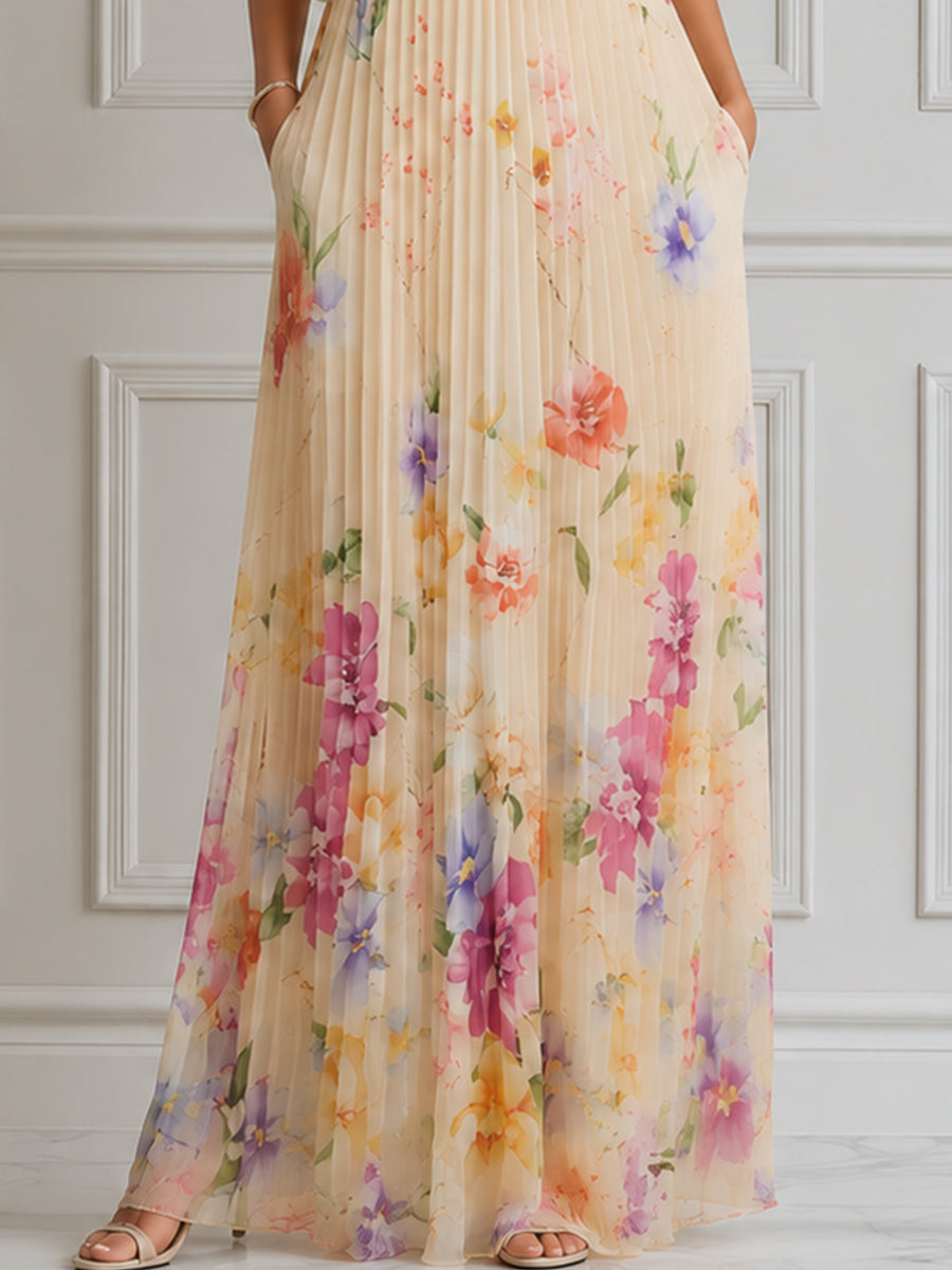Strapless Pleated Floral Print Layered Maxi Dress