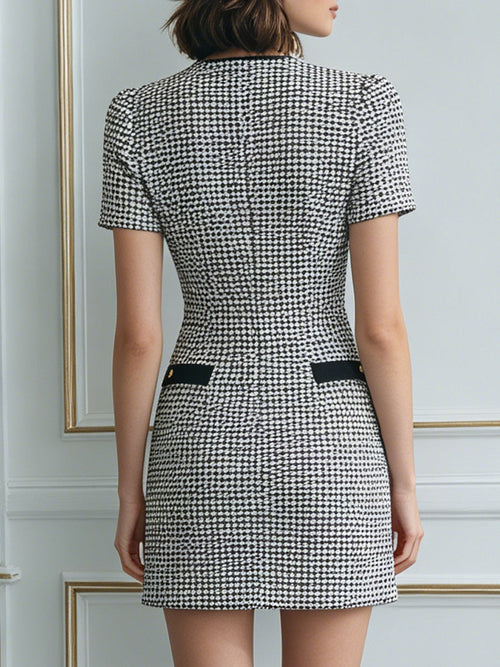 Black & White Tweed Mini Dress With Gold Buttons