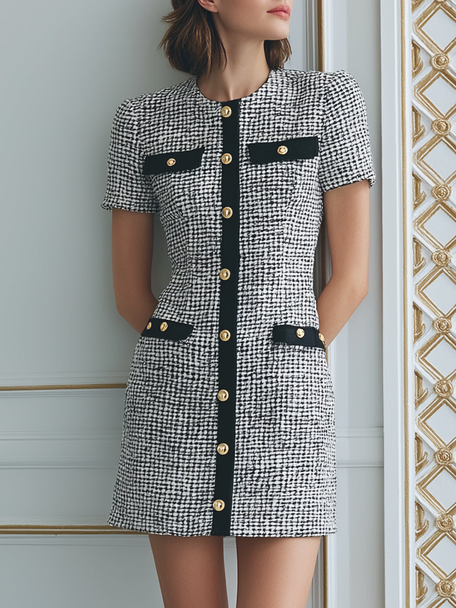 Black & White Tweed Mini Dress With Gold Buttons