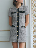 Black & White Tweed Mini Dress With Gold Buttons