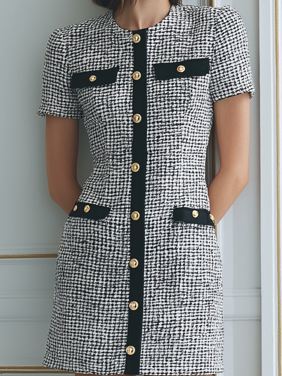Black & White Tweed Mini Dress With Gold Buttons