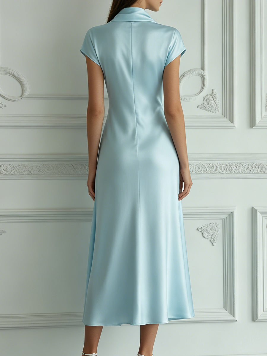 Elegant Light Blue Cowl Neck Satin Midi Dress