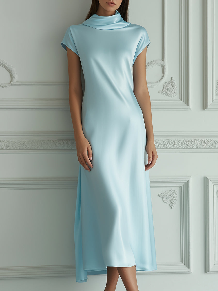 Elegant Light Blue Cowl Neck Satin Midi Dress