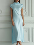 Elegant Light Blue Cowl Neck Satin Midi Dress