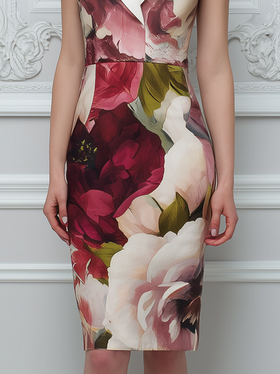 Sleeveless Notched Lapel Floral Print Sheath Midi Dress