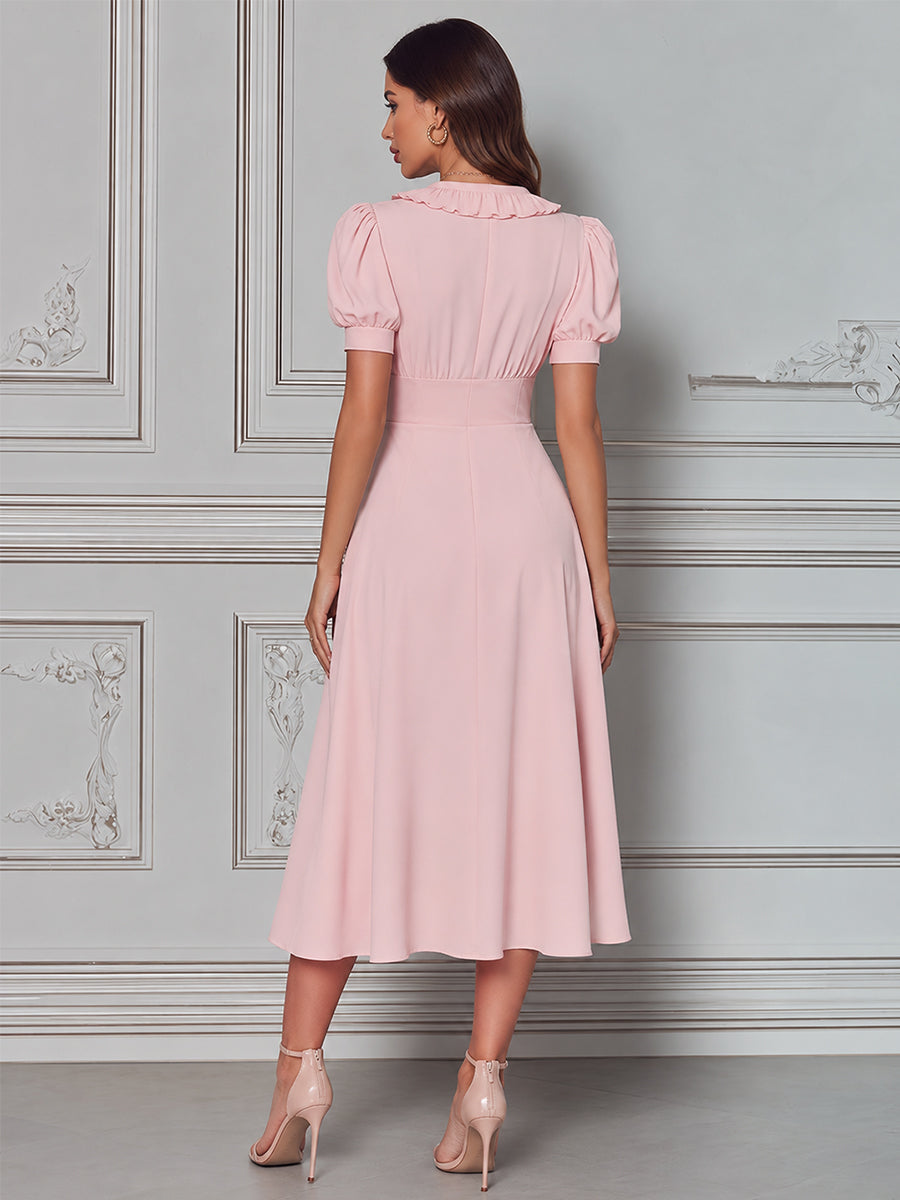 Romantic Ruffle-Trim Button-Down Midi Dress