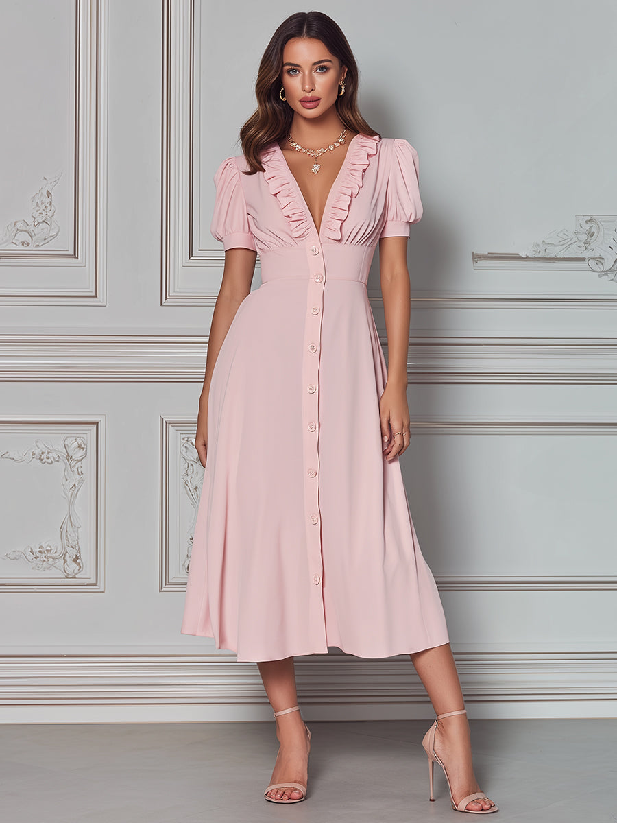 Romantic Ruffle-Trim Button-Down Midi Dress
