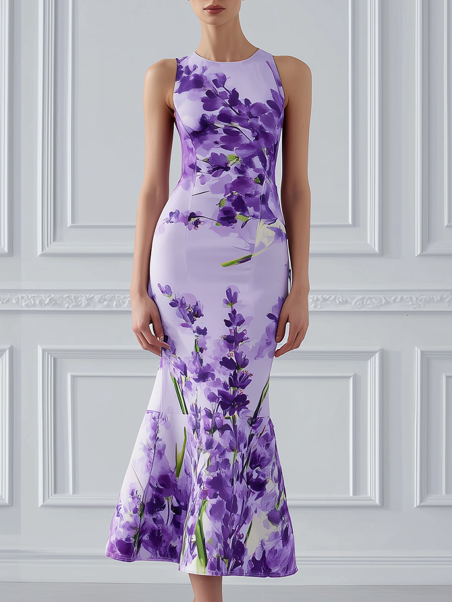 Sleeveless Round Neck Floral Print Flared Hem Midi Dress