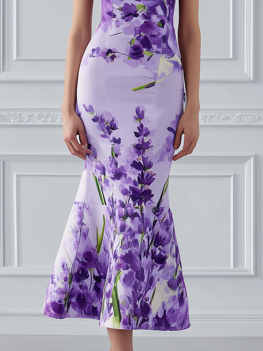 Sleeveless Round Neck Floral Print Flared Hem Midi Dress