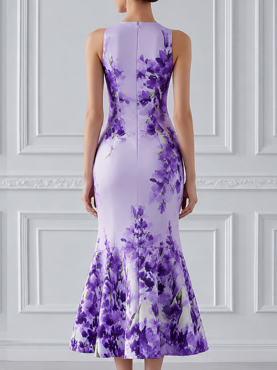 Sleeveless Round Neck Floral Print Flared Hem Midi Dress