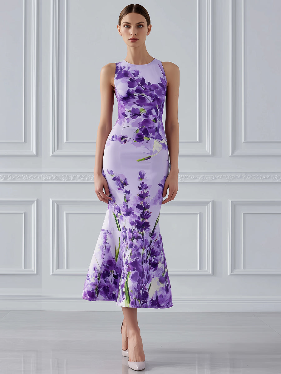 Sleeveless Round Neck Floral Print Flared Hem Midi Dress