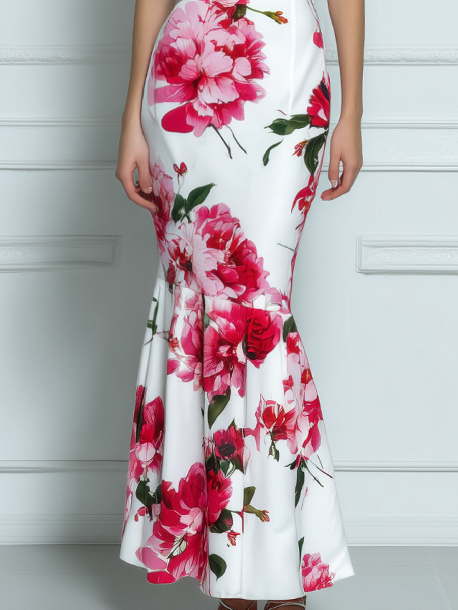 Halter Neck Floral Print Fitted Flared Hem Midi Dress
