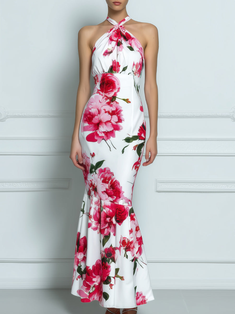 Halter Neck Floral Print Fitted Flared Hem Midi Dress
