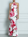 Halter Neck Floral Print Fitted Flared Hem Midi Dress