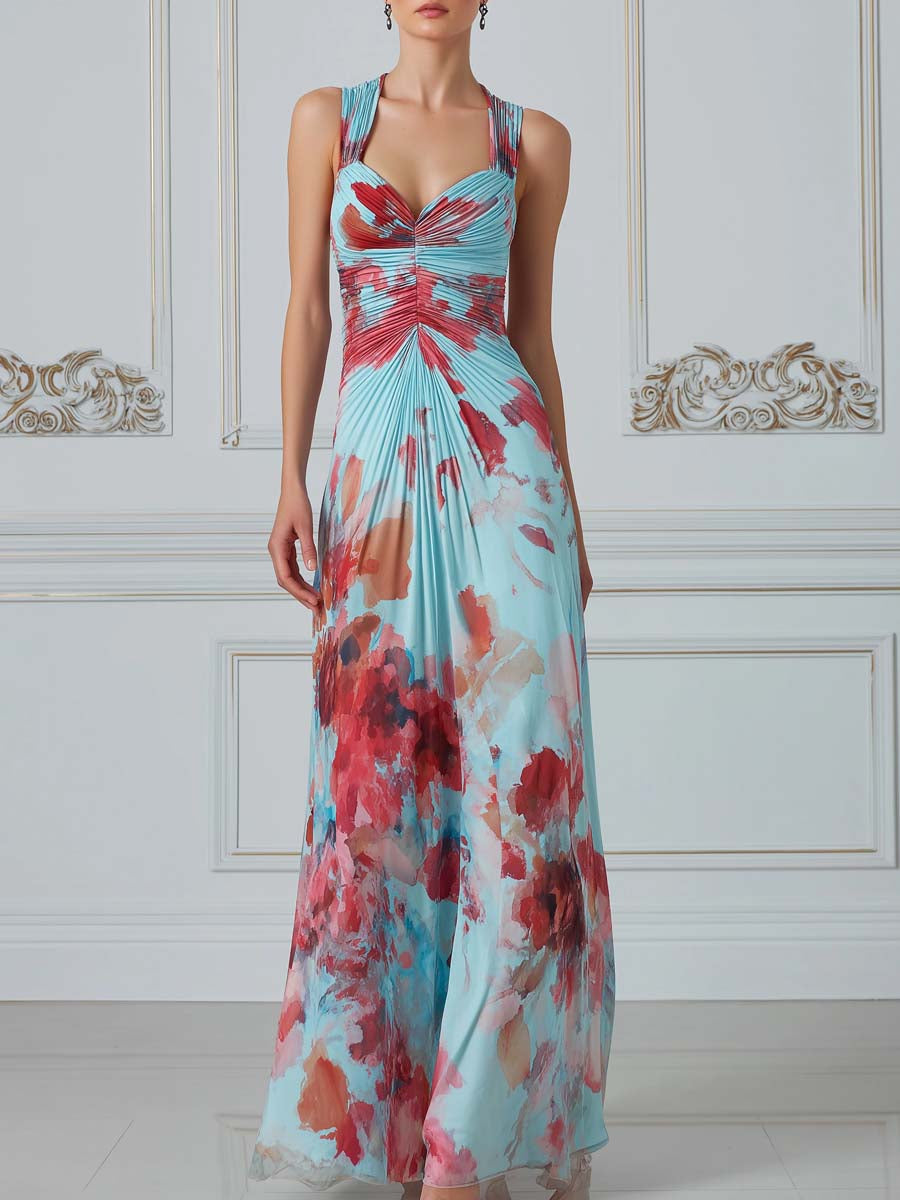 Watercolor Floral Pleated Halter Neck Maxi Dress