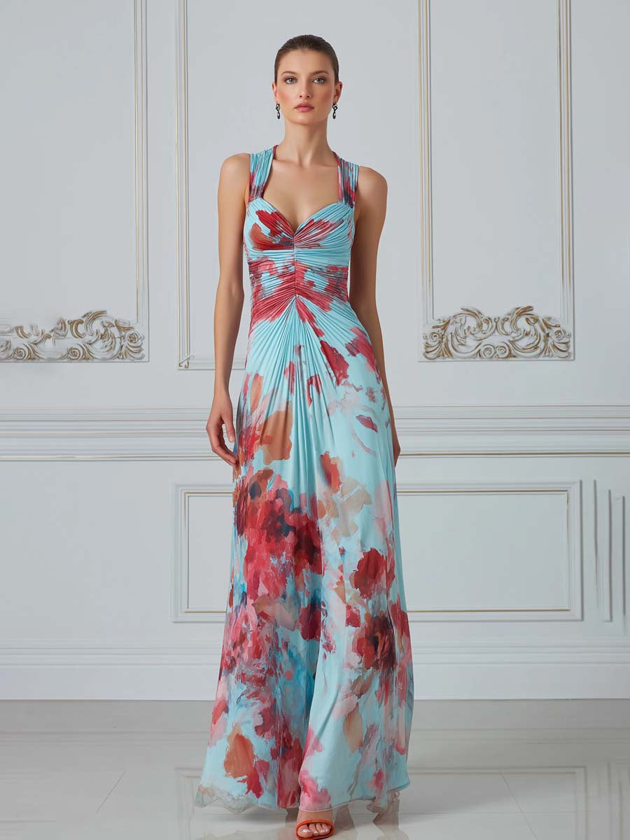 Watercolor Floral Pleated Halter Neck Maxi Dress