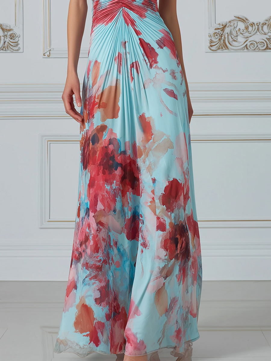Watercolor Floral Pleated Halter Neck Maxi Dress