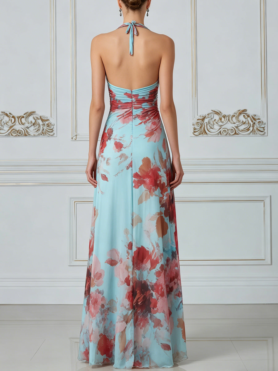 Watercolor Floral Pleated Halter Neck Maxi Dress