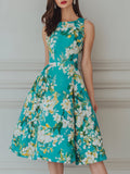 Garden Teal Floral Print Sleeveless A-Line Midi Dress