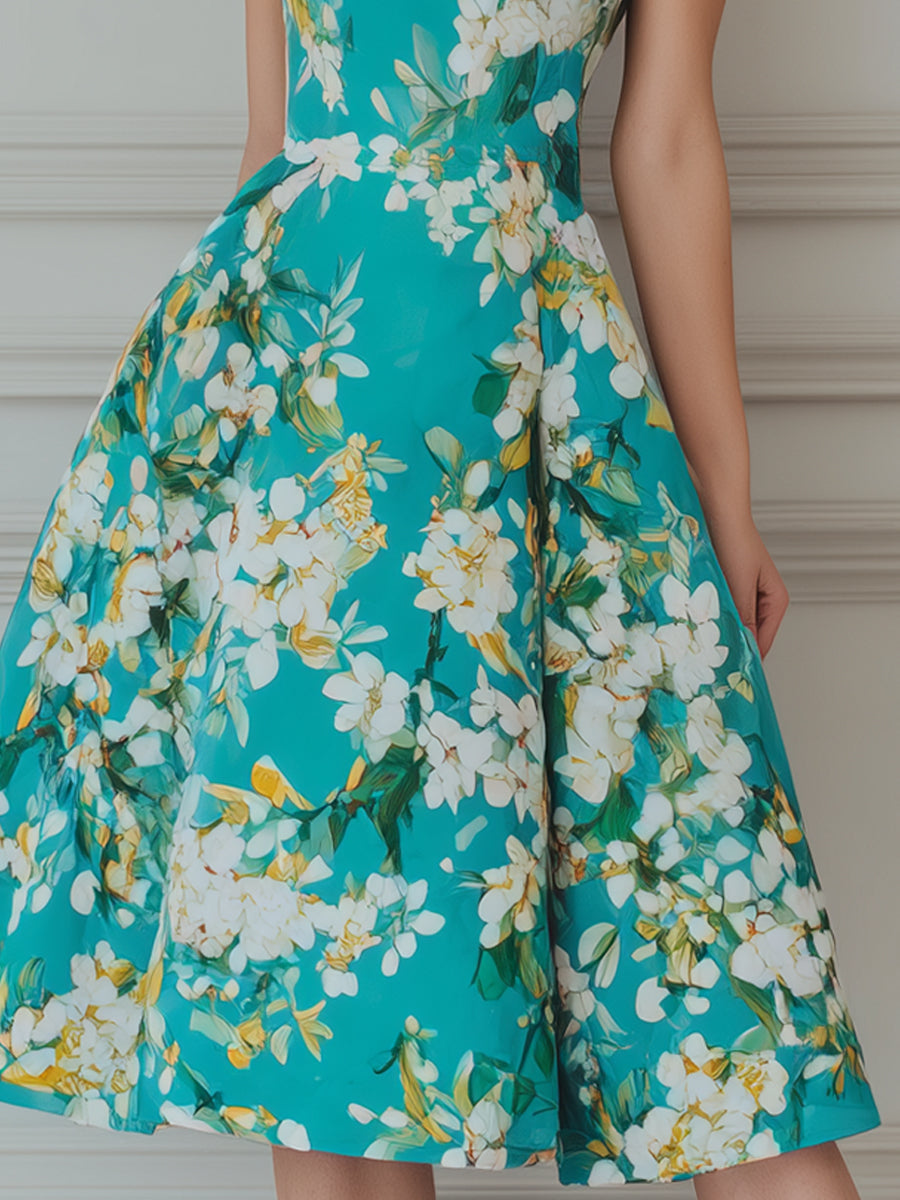 Garden Teal Floral Print Sleeveless A-Line Midi Dress