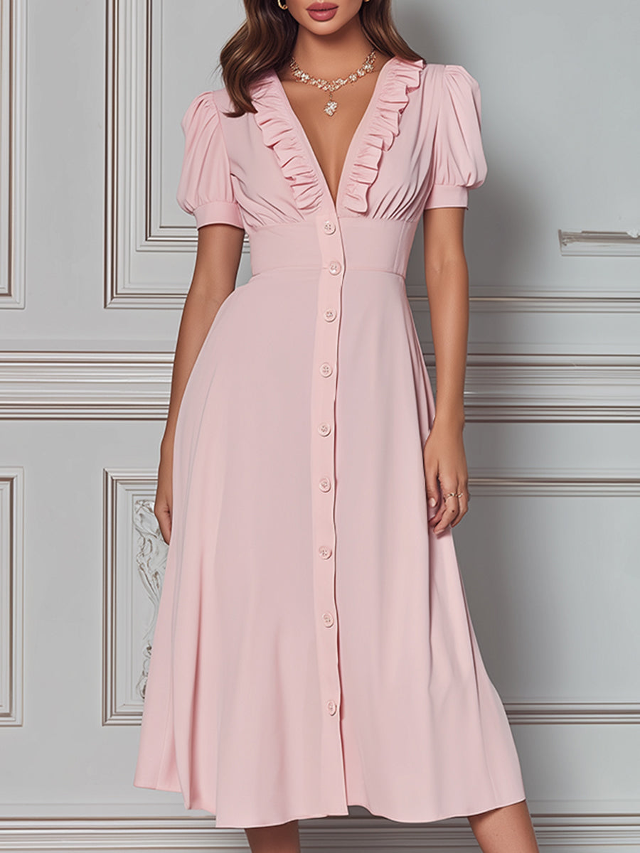 Romantic Ruffle-Trim Button-Down Midi Dress