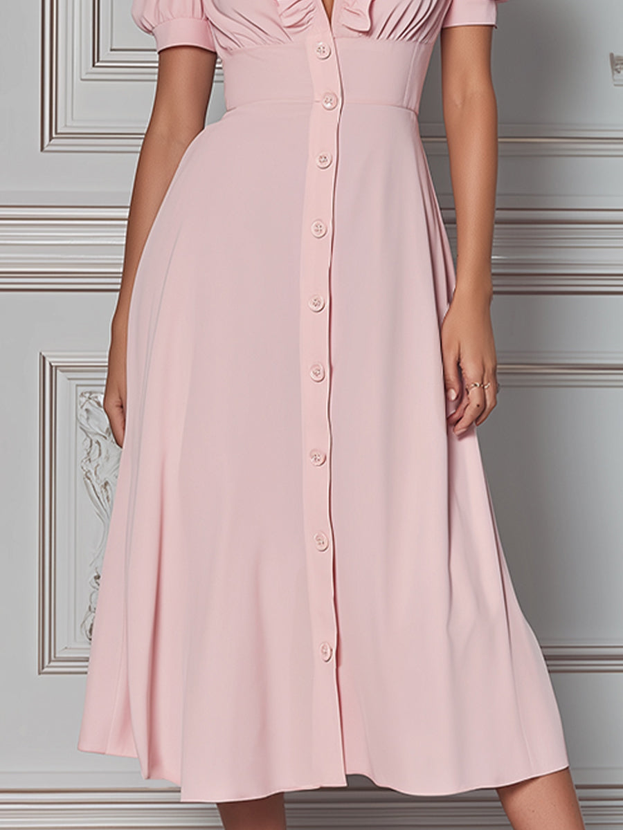 Romantic Ruffle-Trim Button-Down Midi Dress