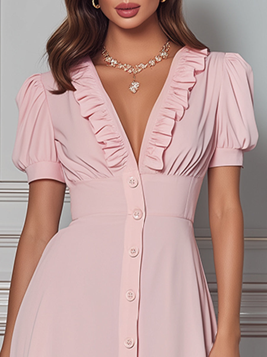 Romantic Ruffle-Trim Button-Down Midi Dress