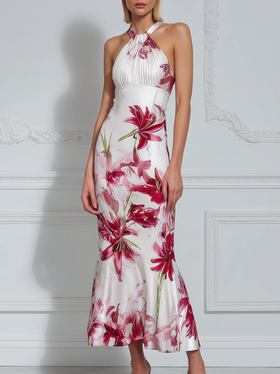 Pleated Halter Neck Floral Print Fitted Flare Midi Dress