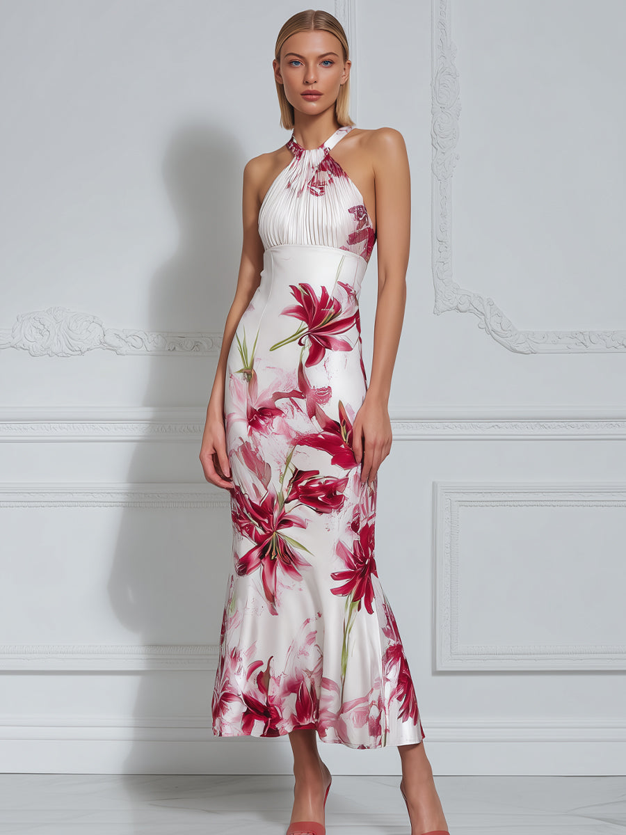 Pleated Halter Neck Floral Print Fitted Flare Midi Dress