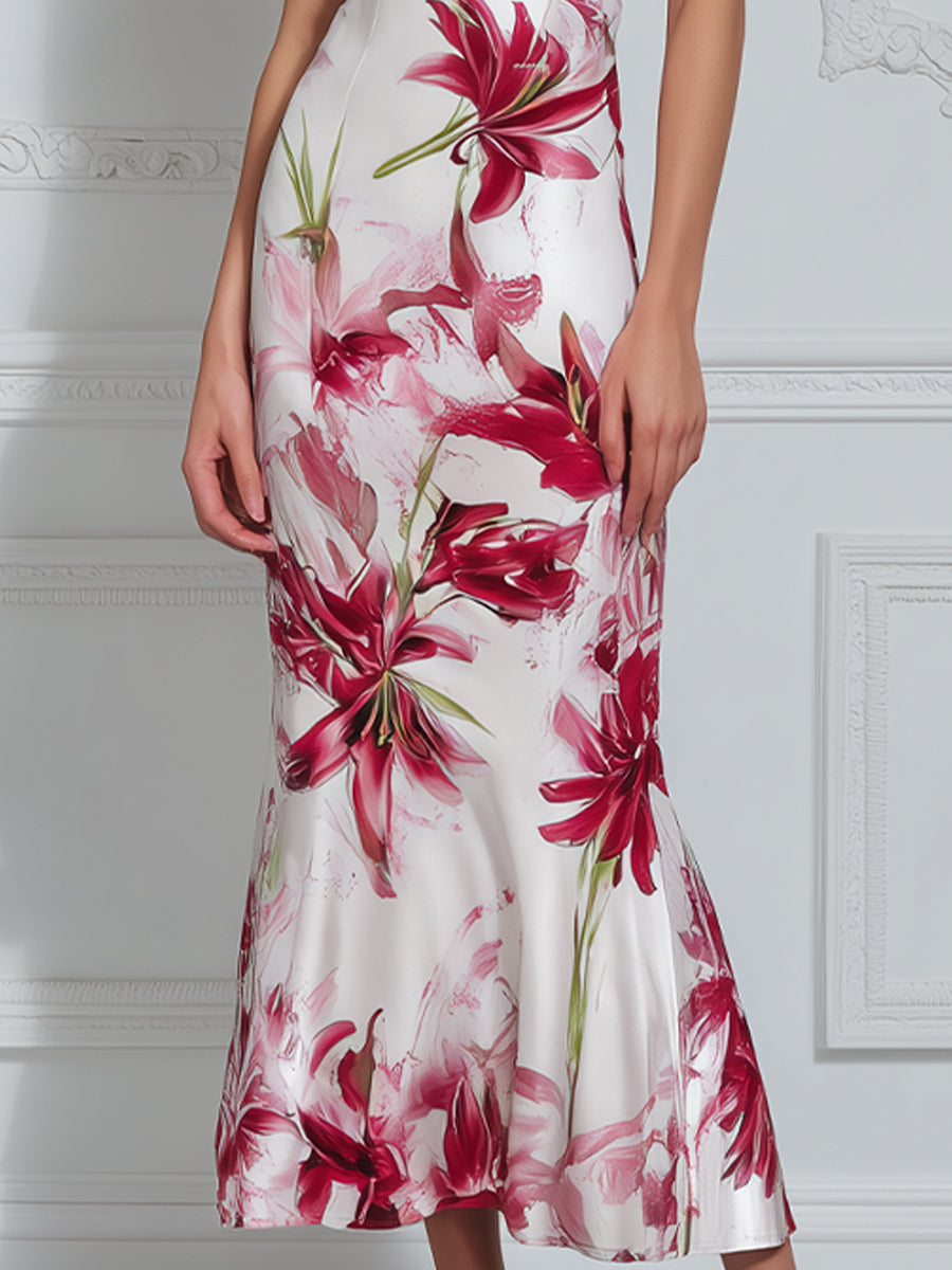 Pleated Halter Neck Floral Print Fitted Flare Midi Dress