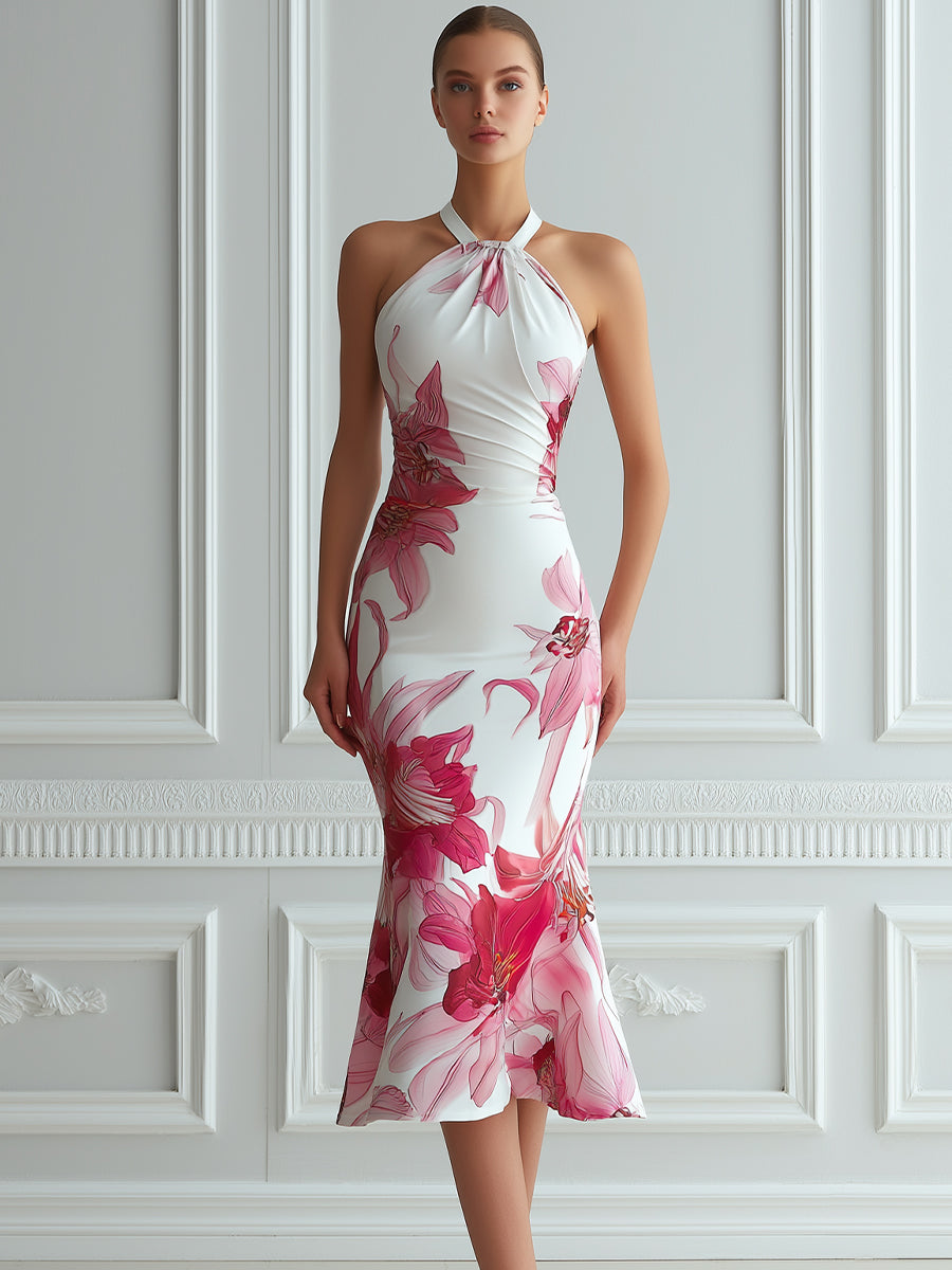 Halter Neck Ruched Floral Print Fitted Flare Midi Dress