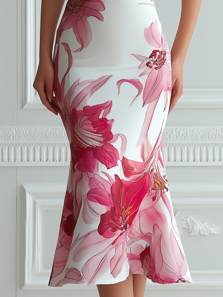 Halter Neck Ruched Floral Print Fitted Flare Midi Dress