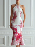 Halter Neck Ruched Floral Print Fitted Flare Midi Dress