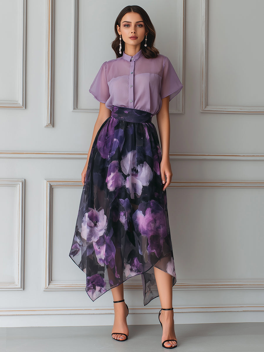 Mist Sheer Blouse And Asymmetrical Floral Organza Skirt Set