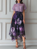 Mist Sheer Blouse And Asymmetrical Floral Organza Skirt Set