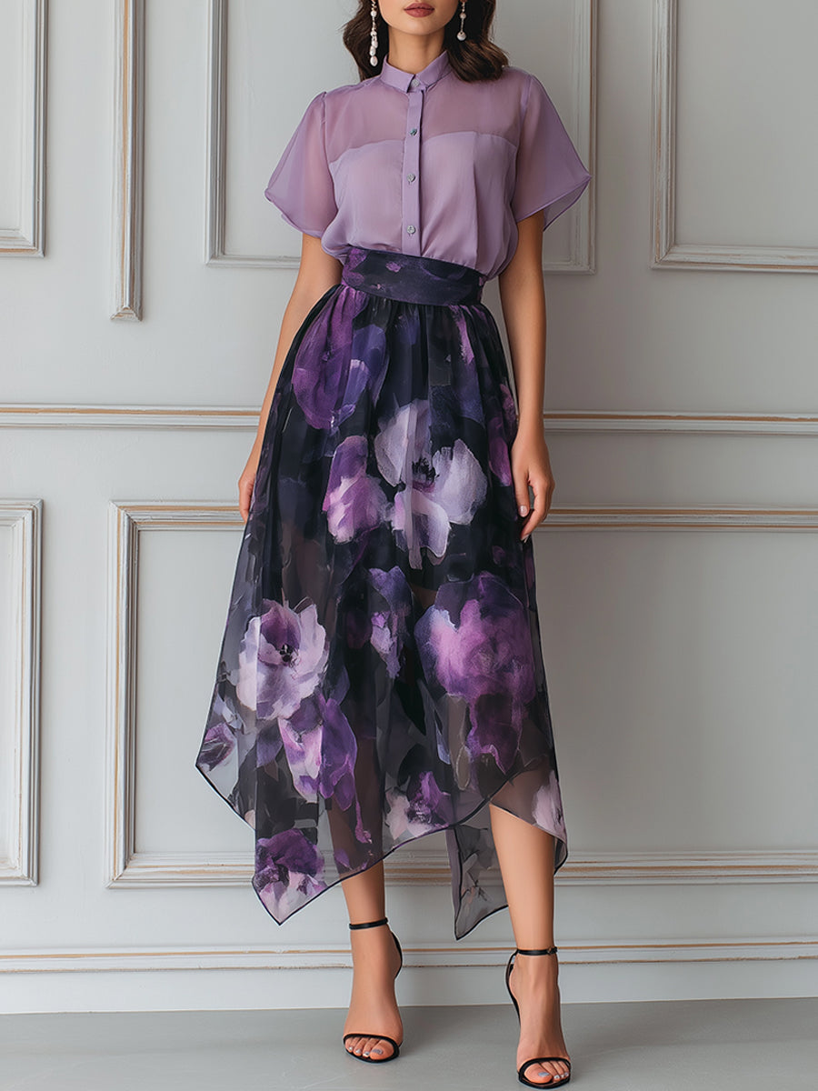 Mist Sheer Blouse And Asymmetrical Floral Organza Skirt Set