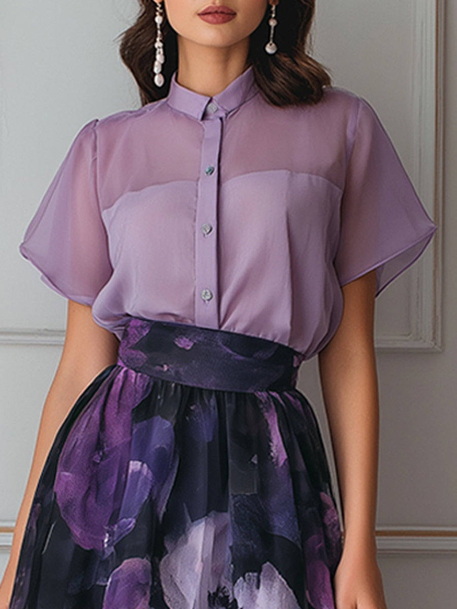 Mist Sheer Blouse And Asymmetrical Floral Organza Skirt Set
