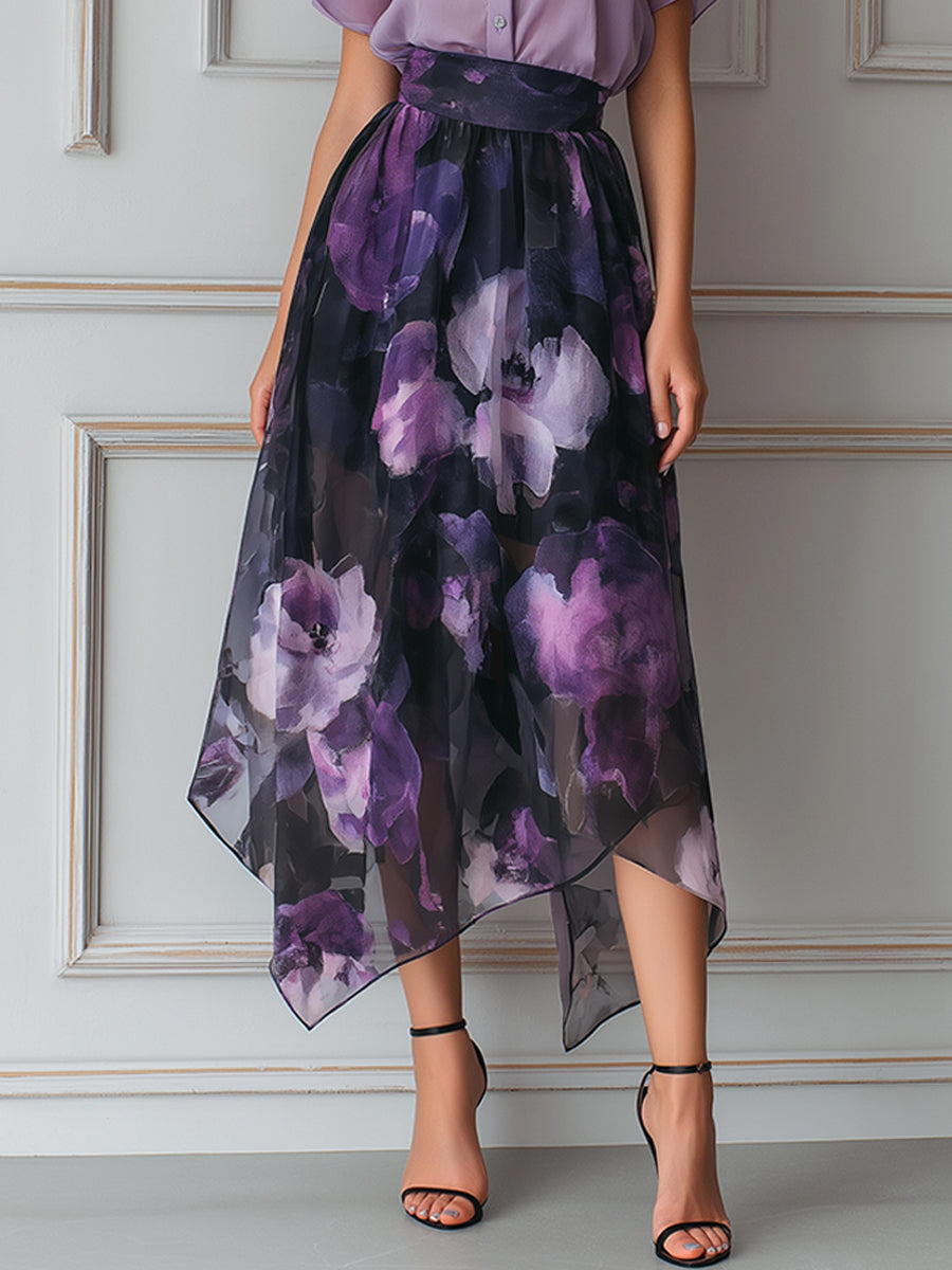 Mist Sheer Blouse And Asymmetrical Floral Organza Skirt Set