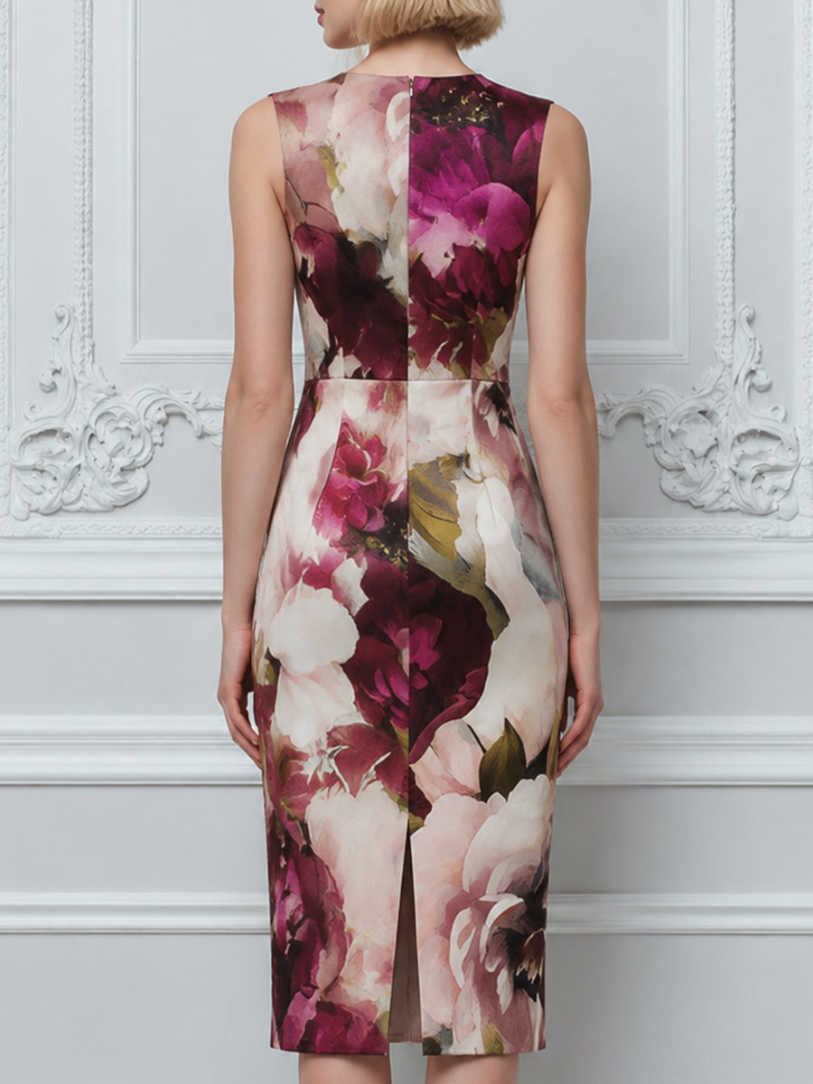 Sleeveless Notched Lapel Floral Print Sheath Midi Dress